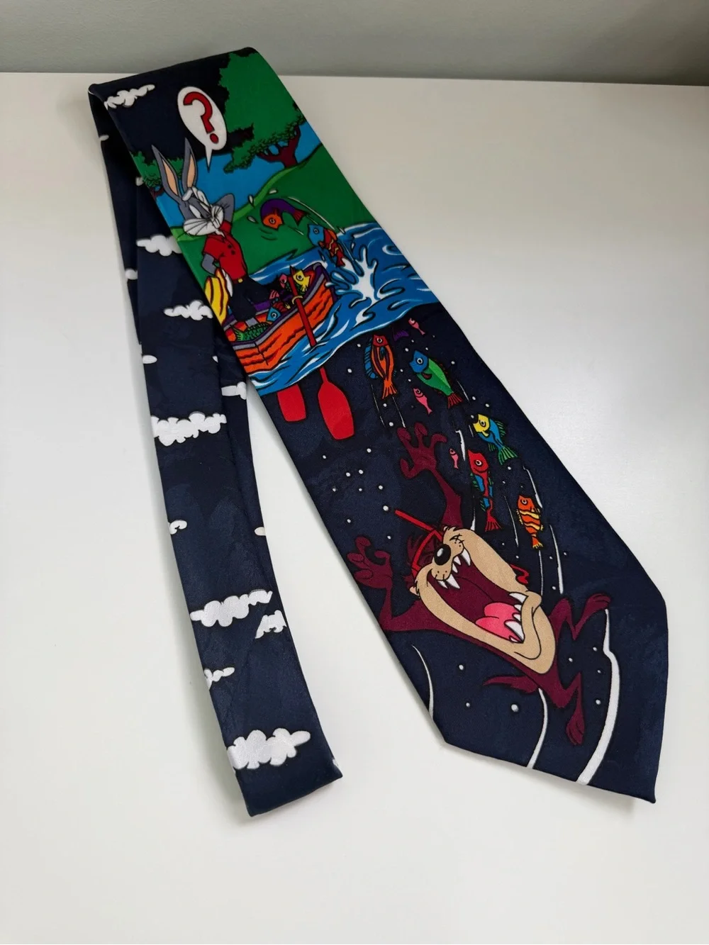 Looney Tunes Taz Bugs Bunny Fishing Tie Cartoon‎ Novelty Necktie 90’s Y2K Office